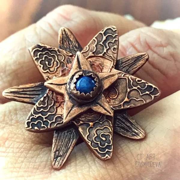 Lapis Lazuli Flower Ring,  Boho Ring, Copper Size 7 Ring