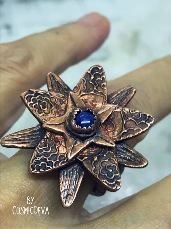 Lapis Lazuli Flower Ring,  Boho Ring, Copper Size 7 Ring