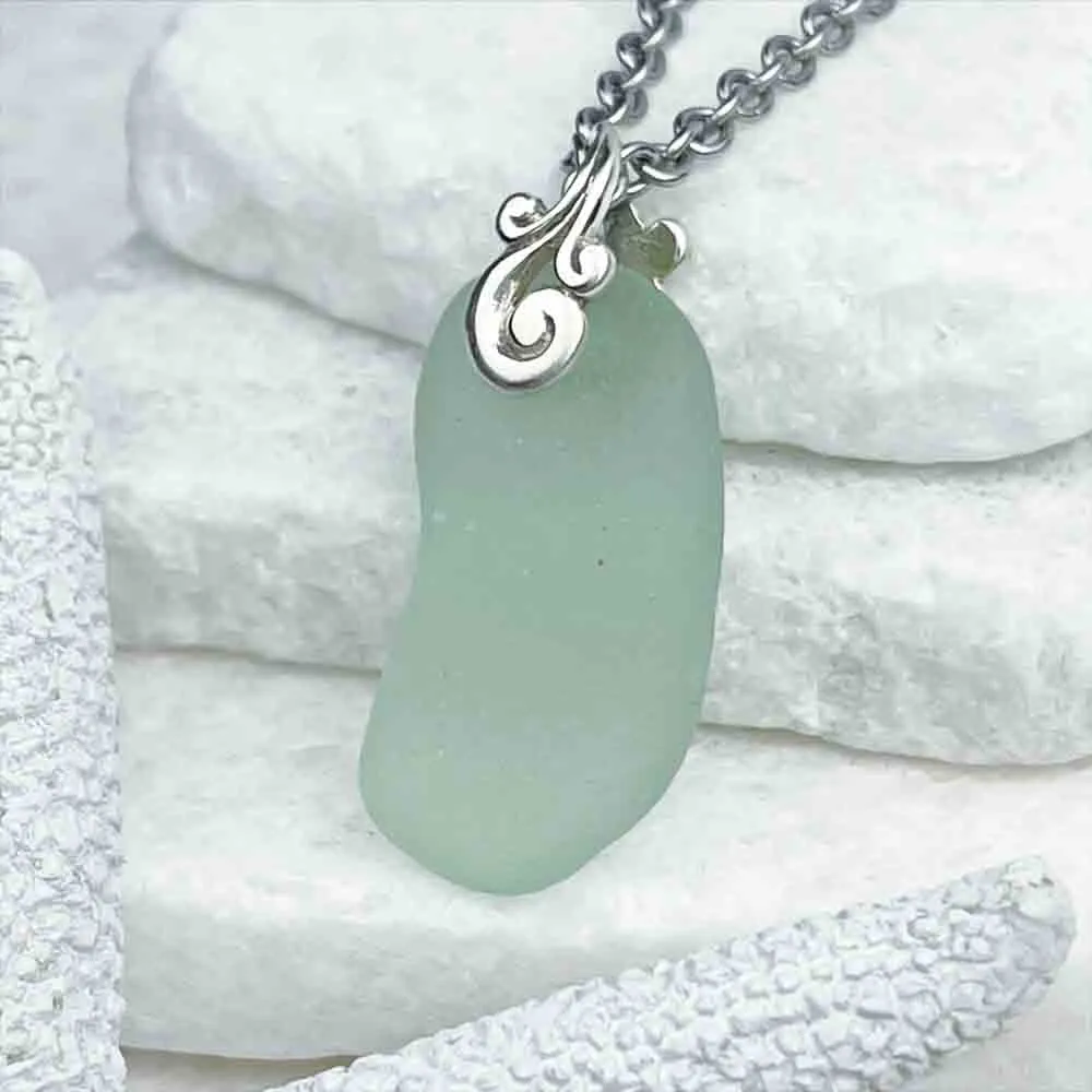 Large, Jellybean Seafoam Sea Glass Pendant with Sterling Silver Ocean Waves Bail  | #1721