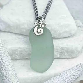 Large, Jellybean Seafoam Sea Glass Pendant with Sterling Silver Ocean Waves Bail  | #1721