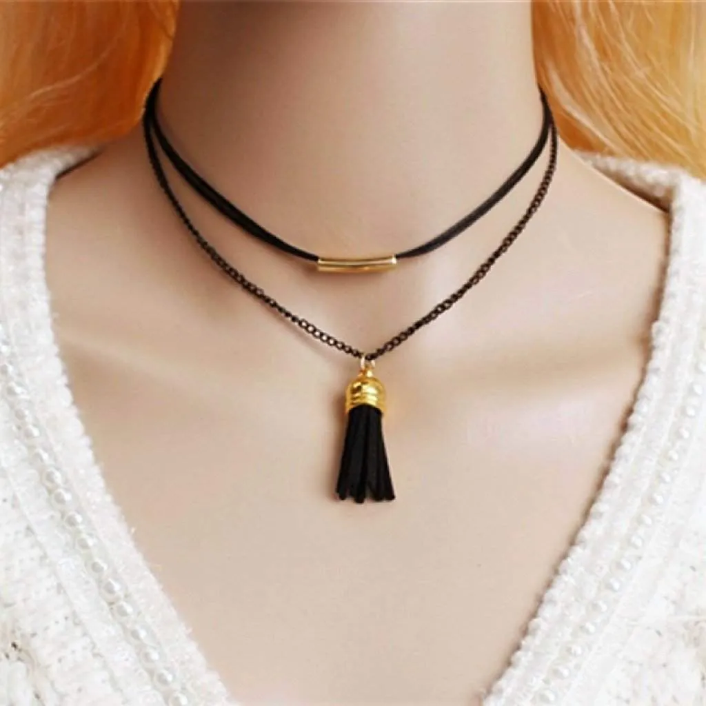 Layered Black Leather and Chain Choker with Tassel