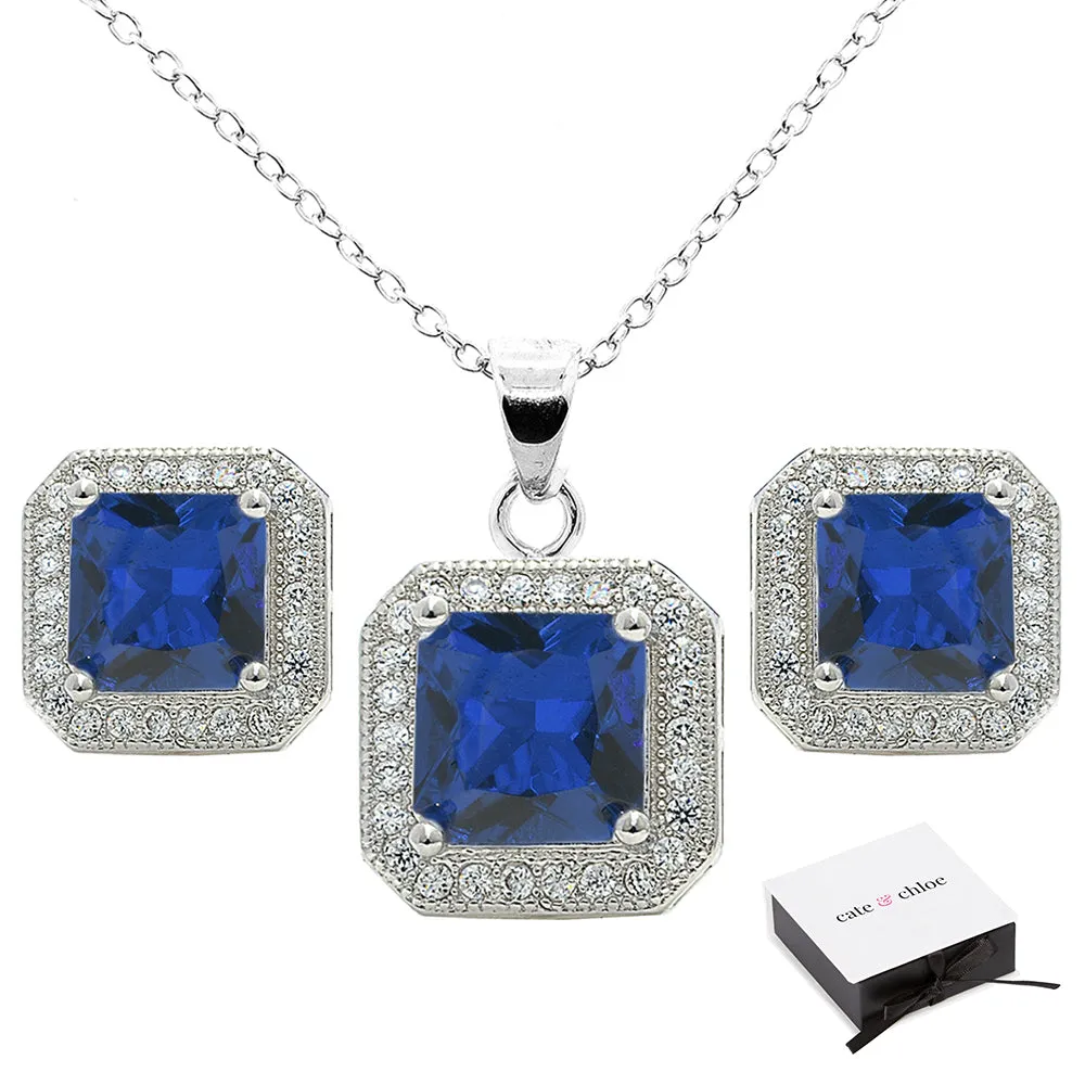 Londyn 18K White Gold Princess Cut Colored CZ Halo Necklace and Earrings Jewelry Set