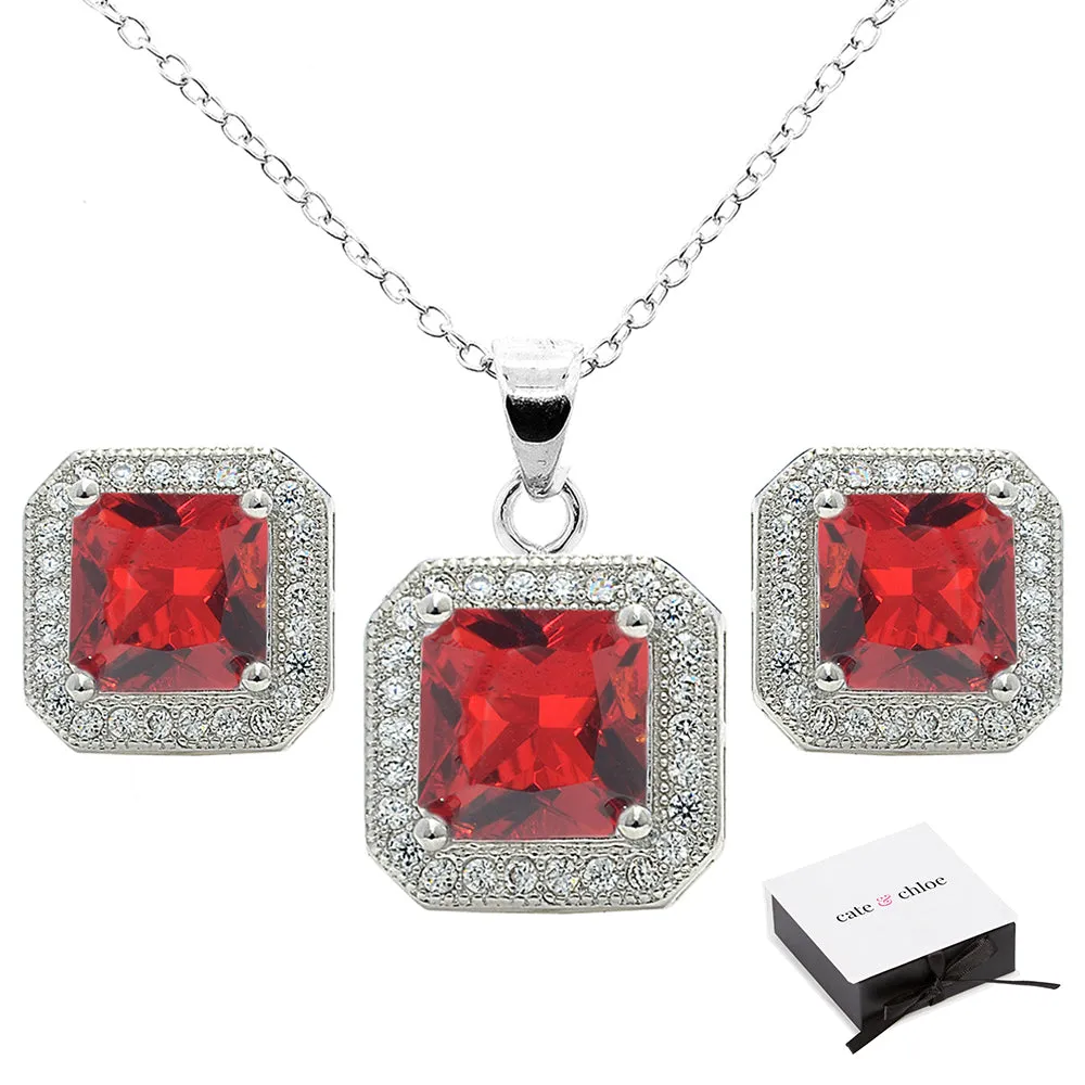 Londyn 18K White Gold Princess Cut Colored CZ Halo Necklace and Earrings Jewelry Set