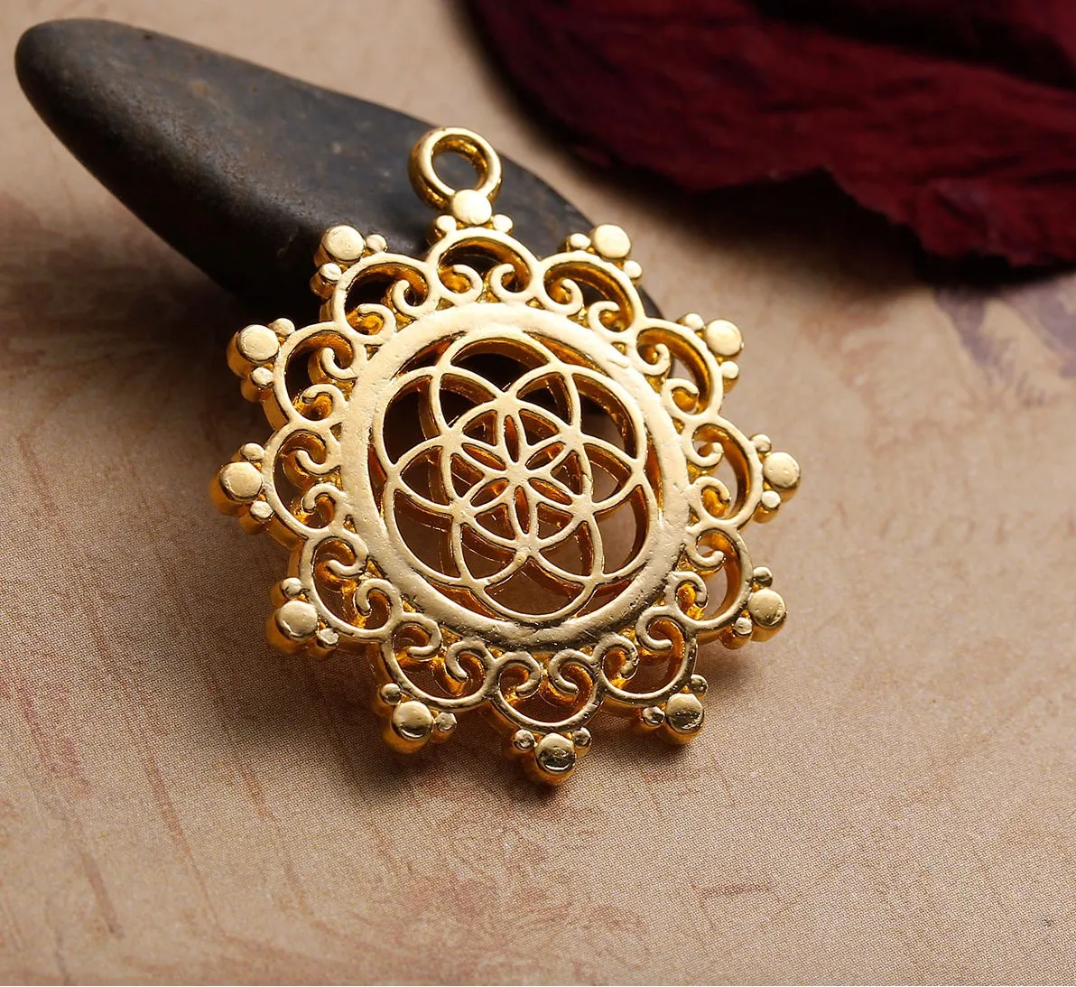 Lotus Flower Seed of Life Sacred Geometry Hindu Gold-Colored Pendant