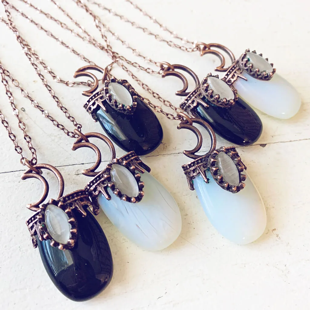 lux ex tenebris // copper electroformed opalite or black agate and crescent moon necklace