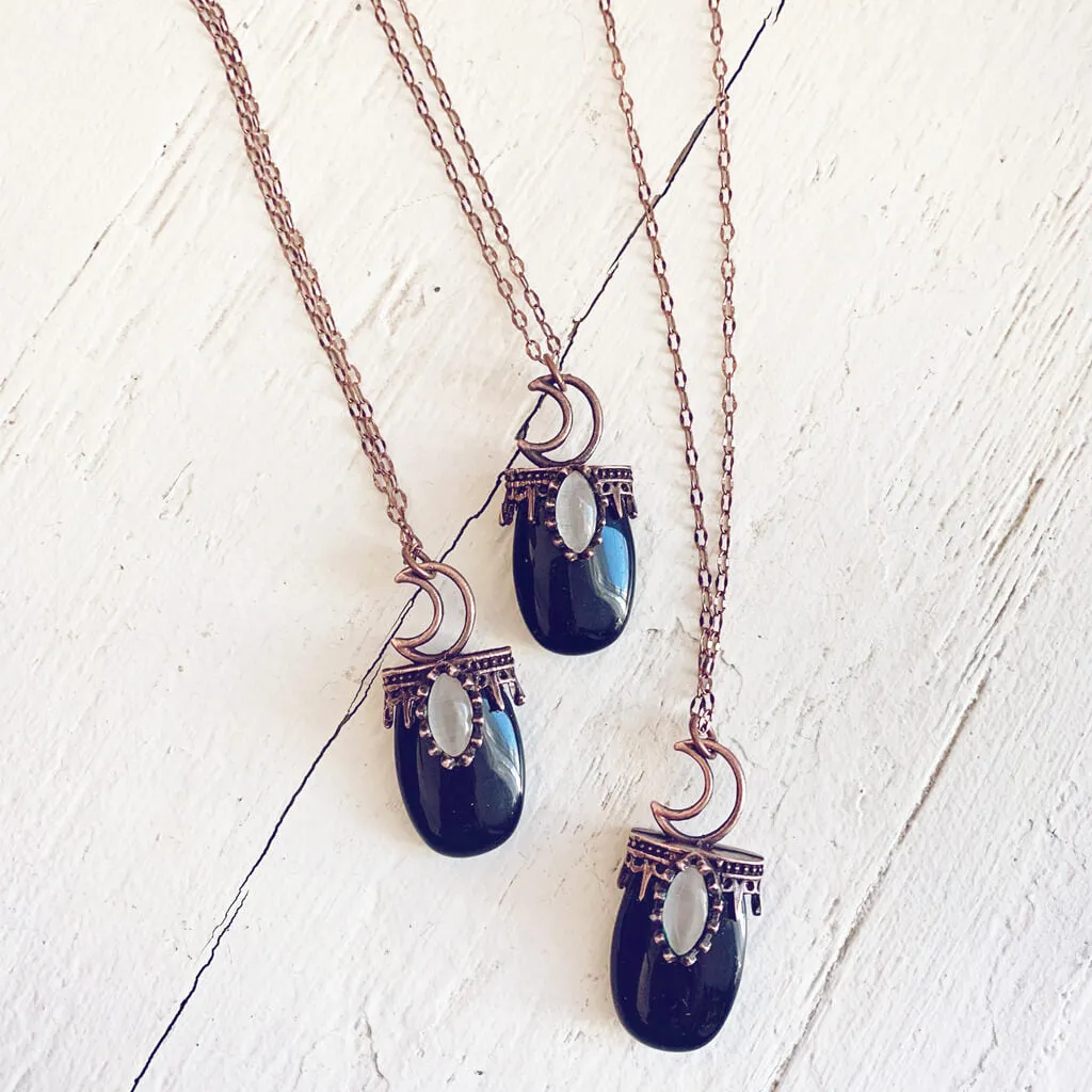 lux ex tenebris // copper electroformed opalite or black agate and crescent moon necklace