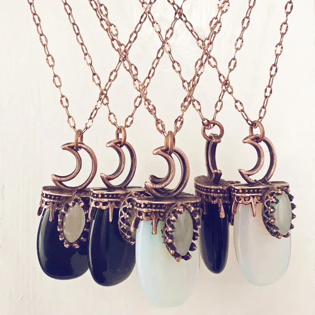 lux ex tenebris // copper electroformed opalite or black agate and crescent moon necklace