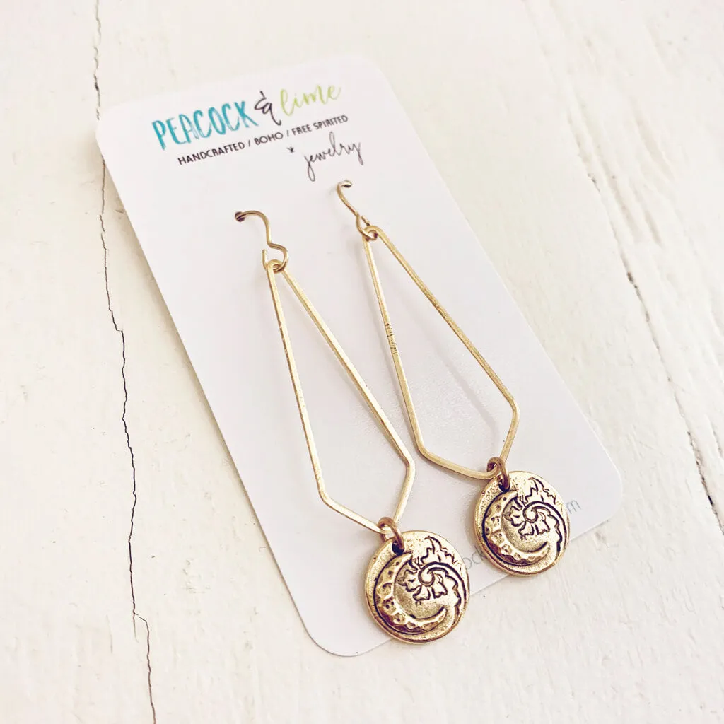 moon flower // long brass chevron earrings with moon & flower charm