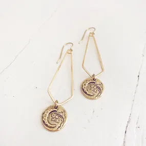 moon flower // long brass chevron earrings with moon & flower charm