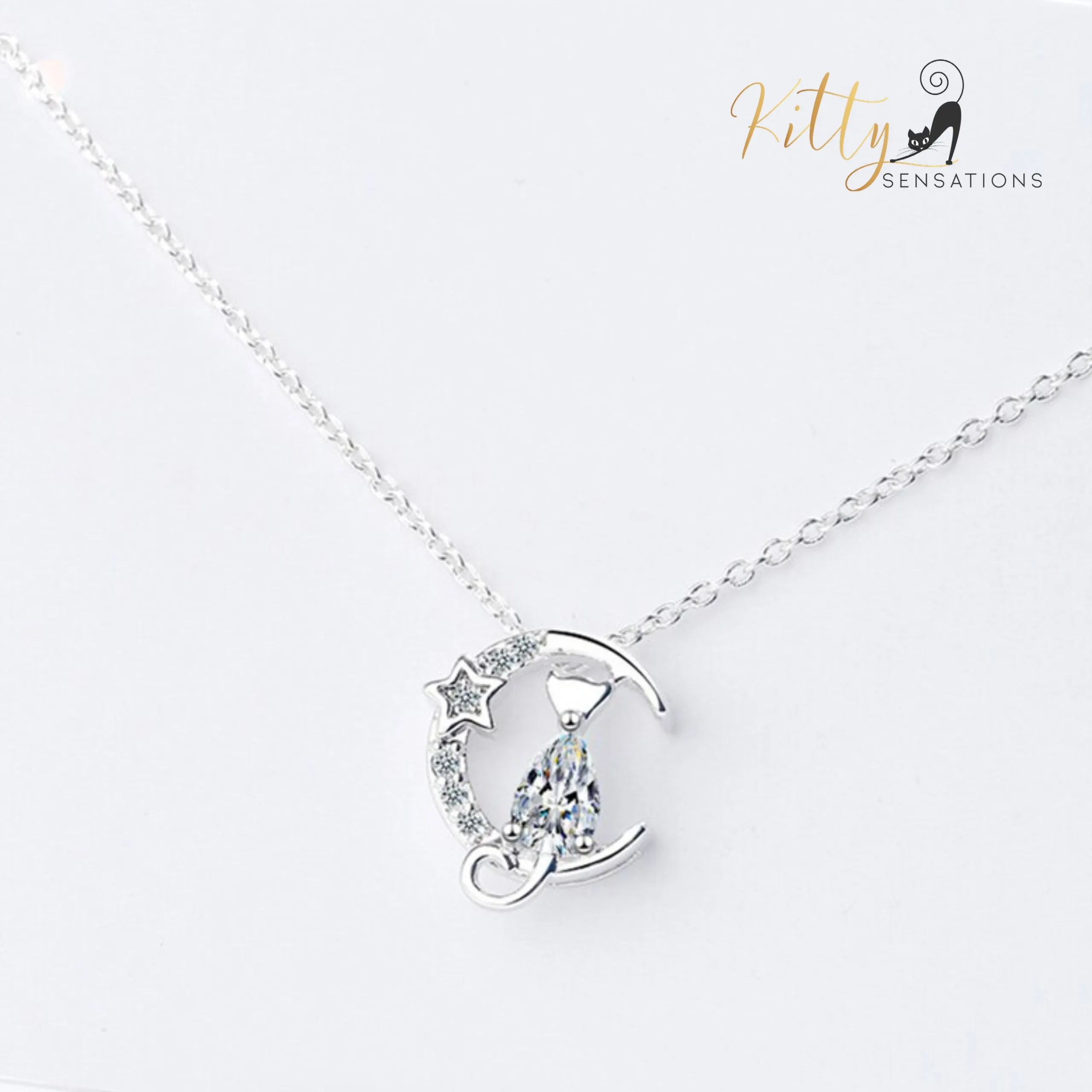 Moon Kitty Necklace in Cubic Zirconia and Solid 925 Sterling Silver (Clear or Blue)