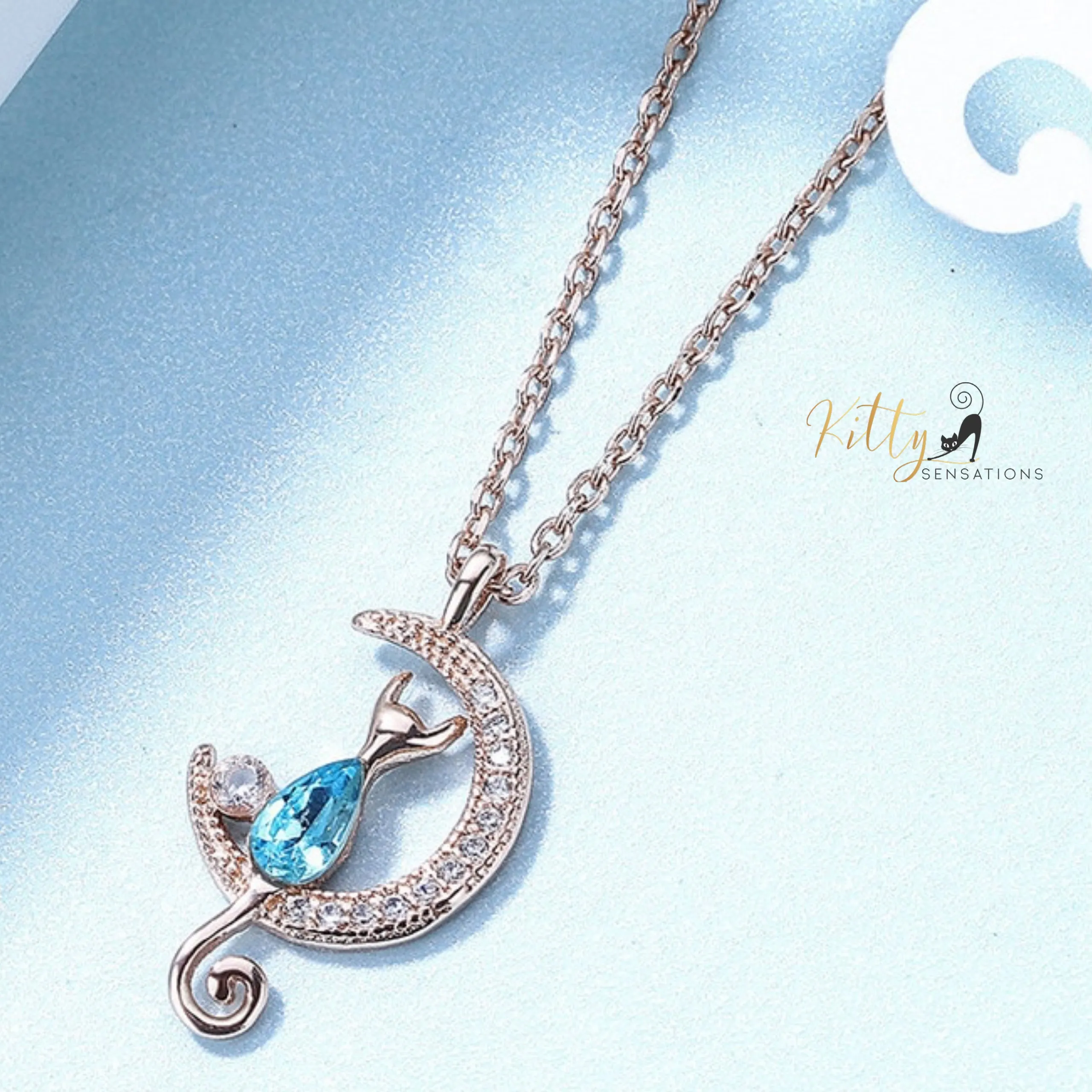 Moon Kitty Necklace in Cubic Zirconia and Solid 925 Sterling Silver (Clear or Blue)