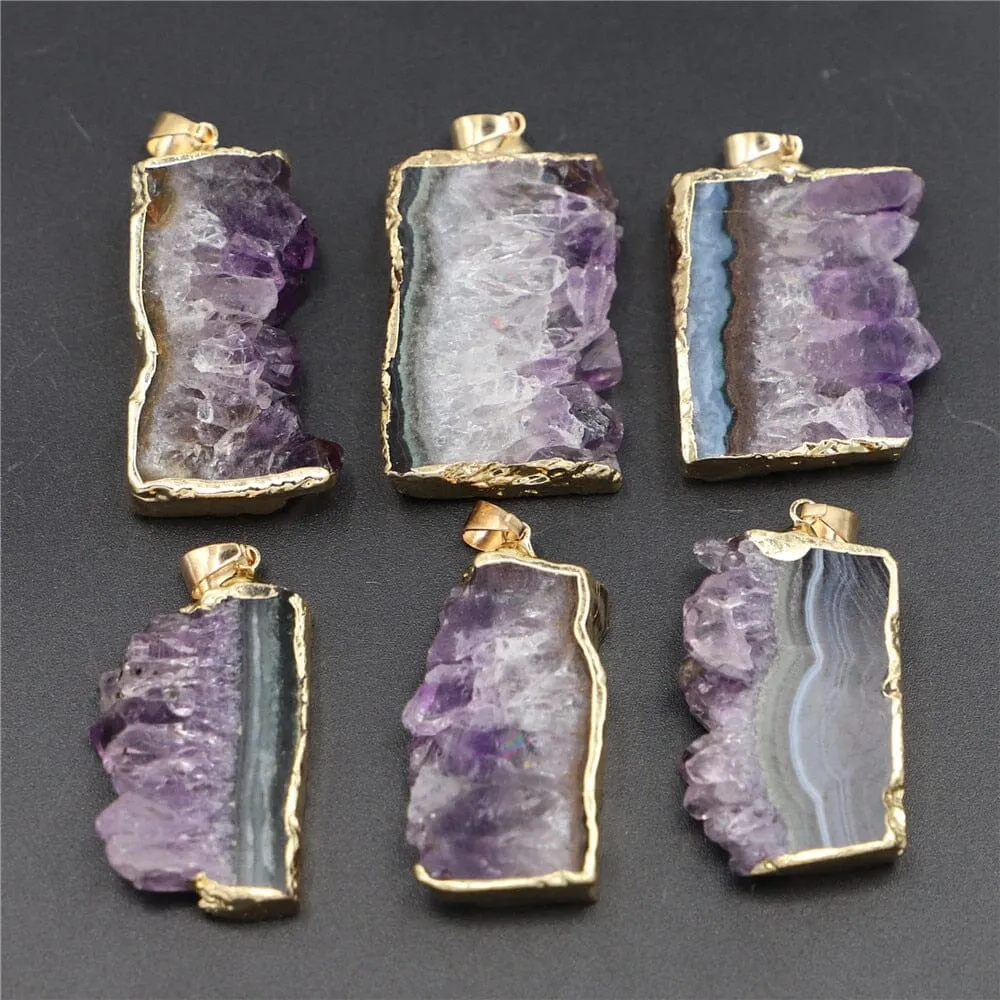 Natural Stone Amethysts Raw Slab Geode Pendant