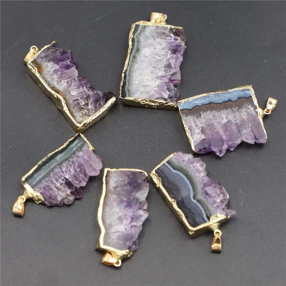 Natural Stone Amethysts Raw Slab Geode Pendant