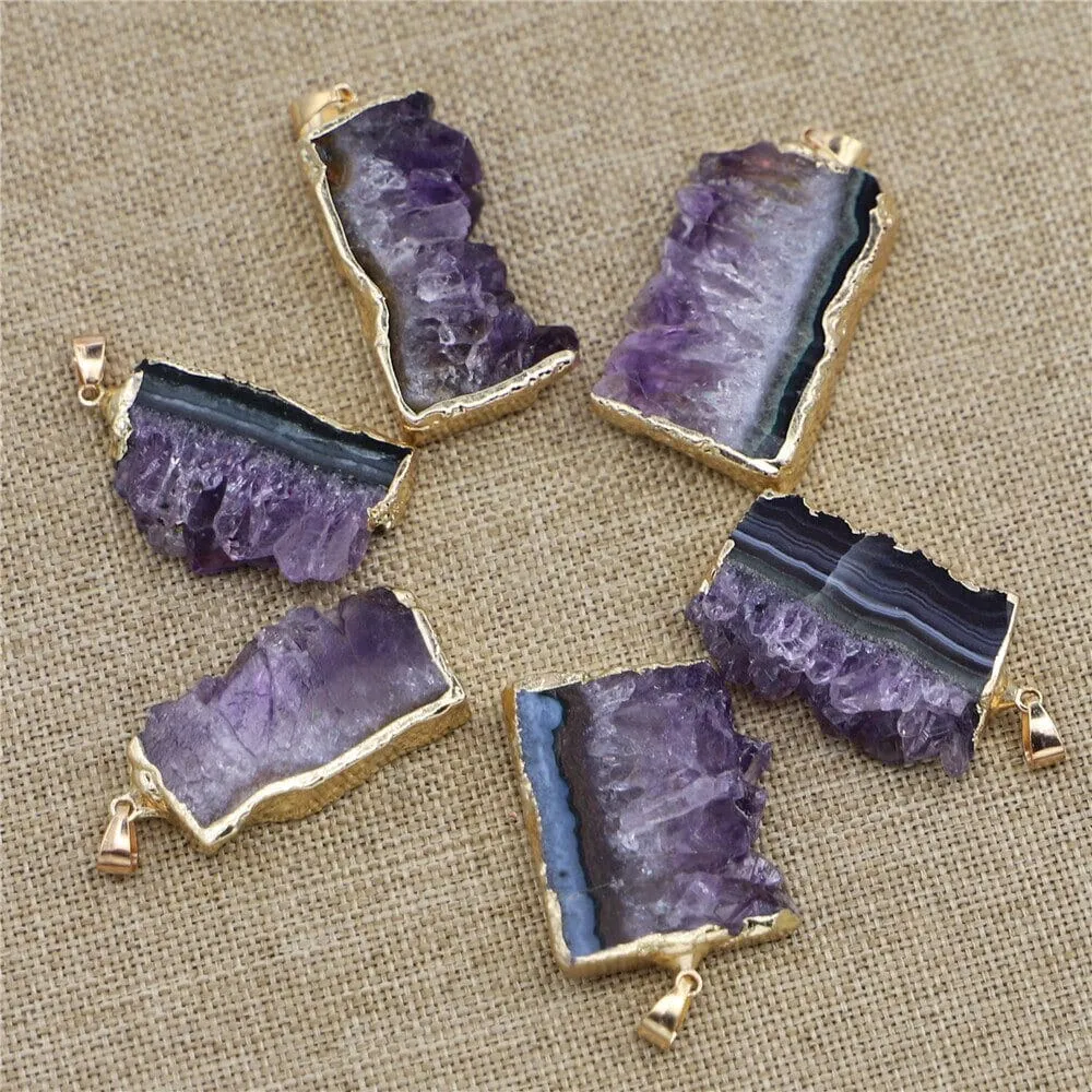 Natural Stone Amethysts Raw Slab Geode Pendant