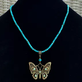 Natural Turquoise gemstone  and Brass Butterfly pendant beaded necklace