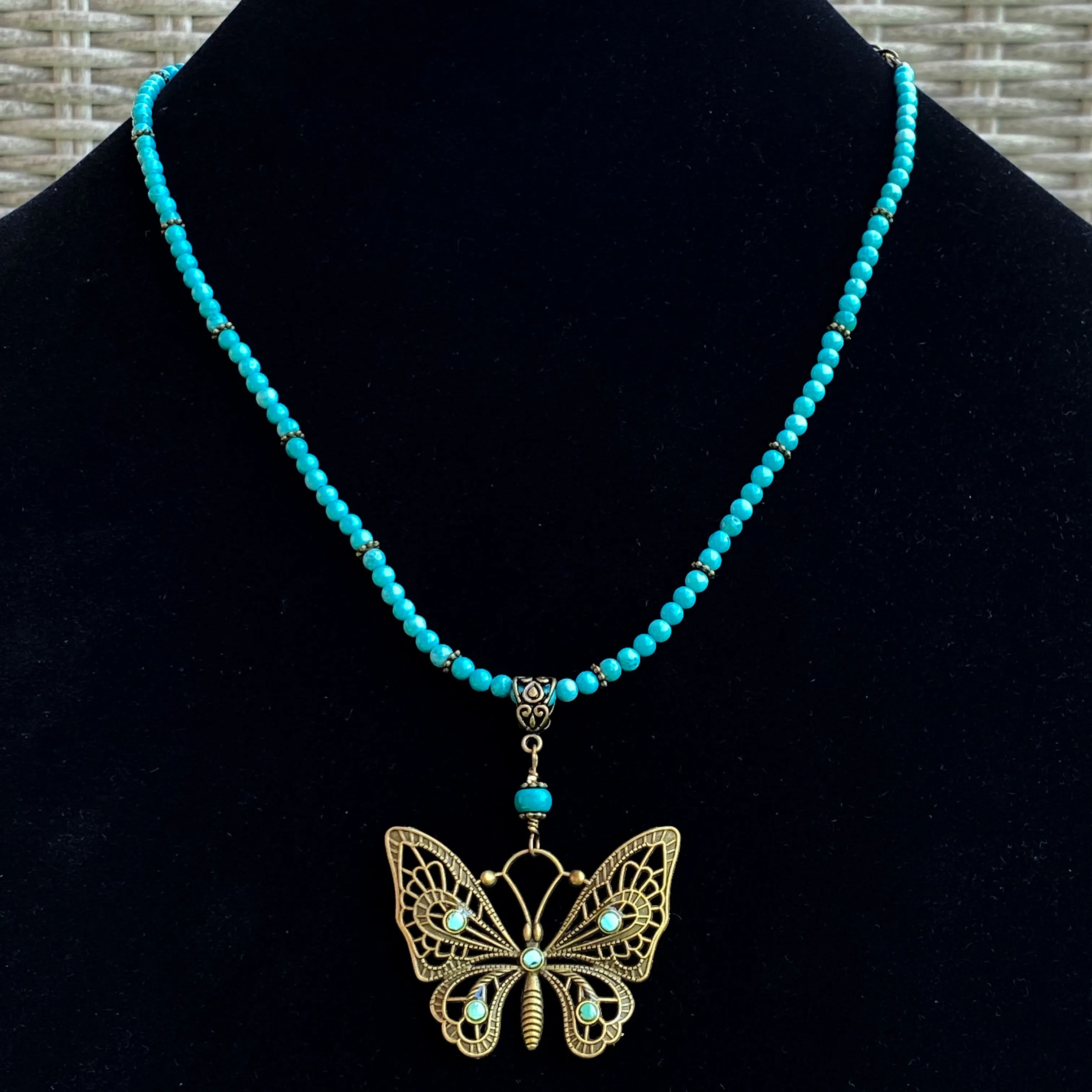 Natural Turquoise gemstone  and Brass Butterfly pendant beaded necklace