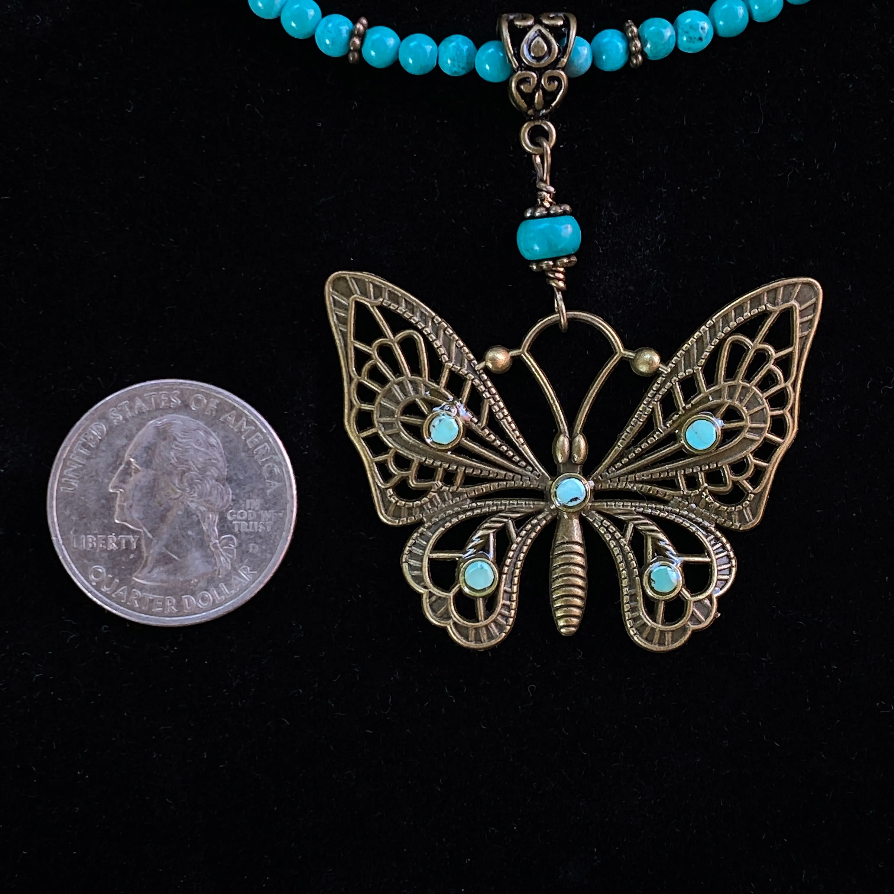 Natural Turquoise gemstone  and Brass Butterfly pendant beaded necklace