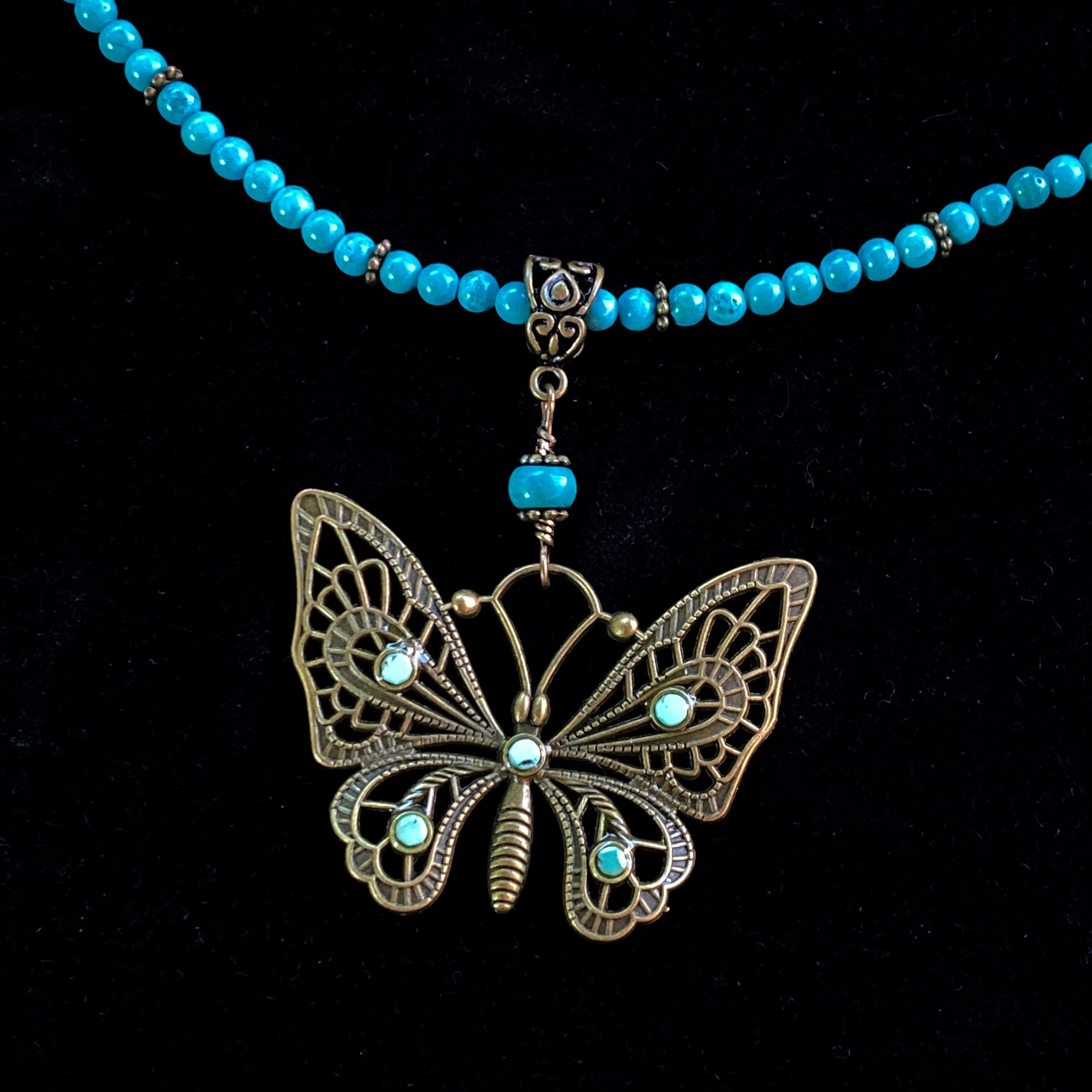 Natural Turquoise gemstone  and Brass Butterfly pendant beaded necklace