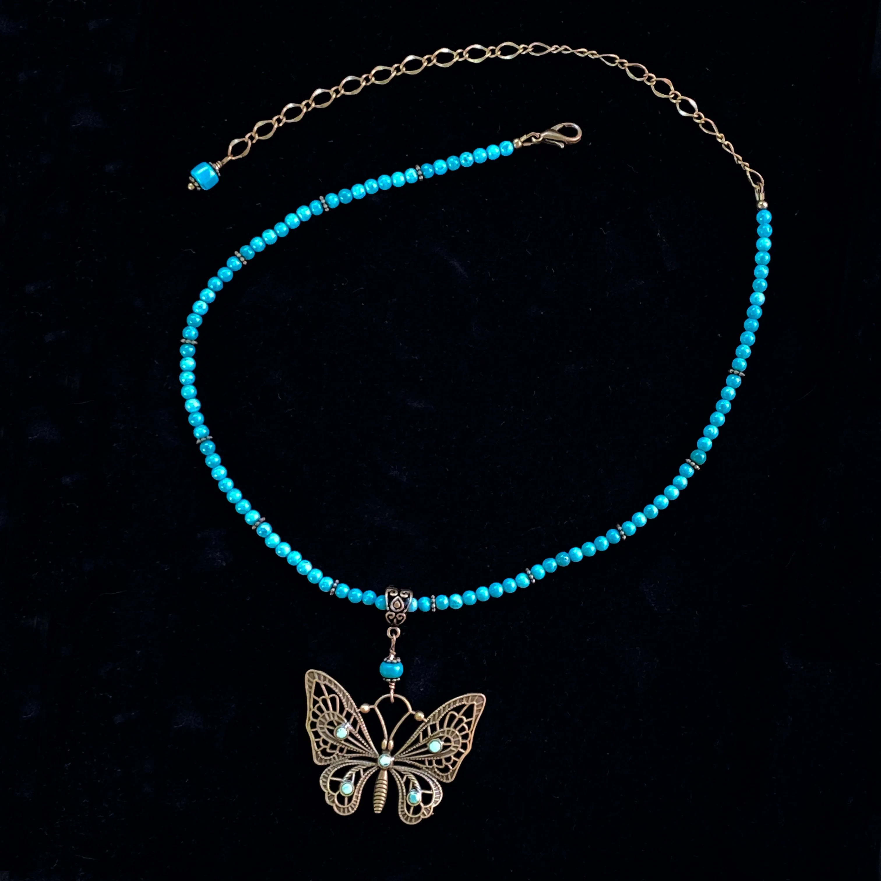 Natural Turquoise gemstone  and Brass Butterfly pendant beaded necklace