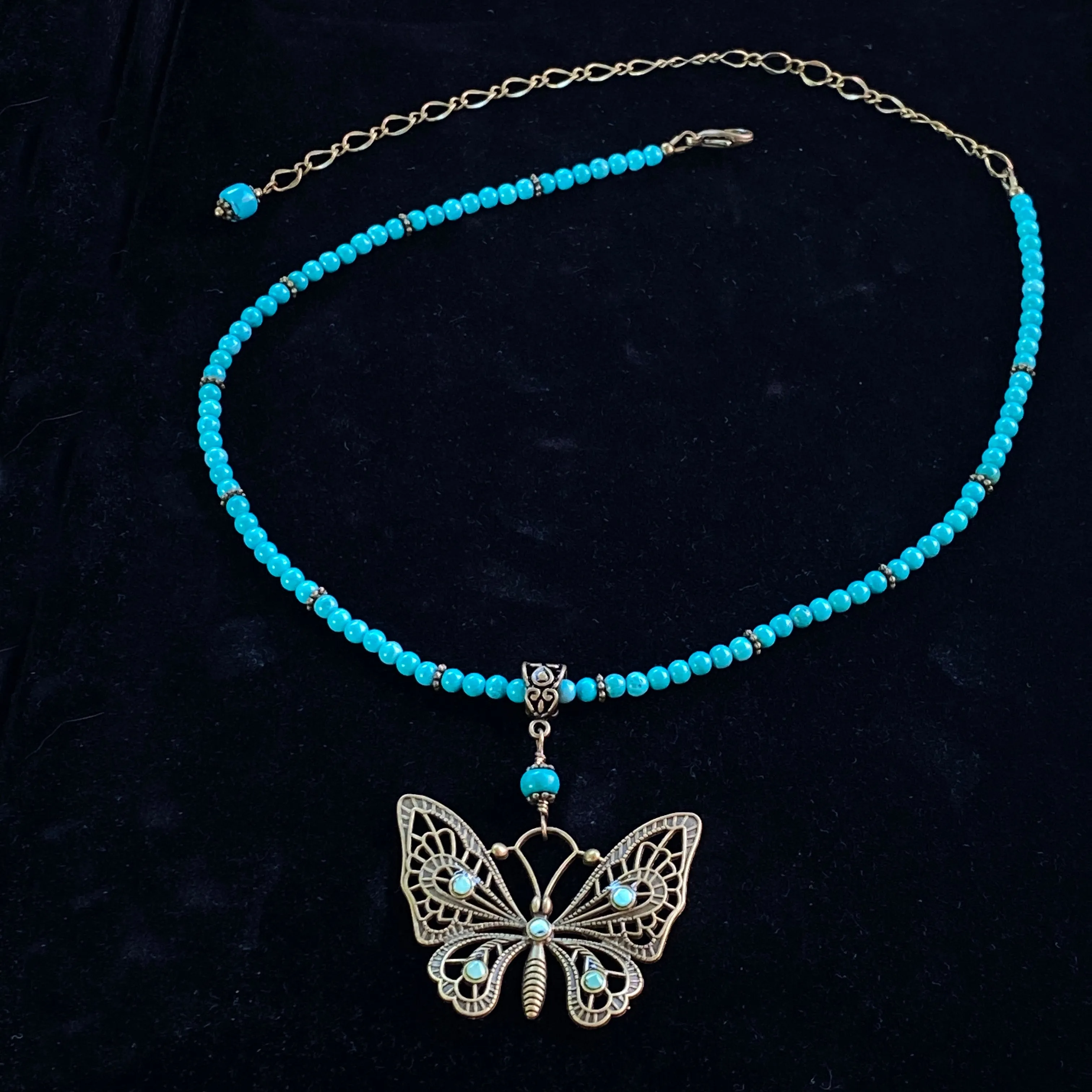 Natural Turquoise gemstone  and Brass Butterfly pendant beaded necklace