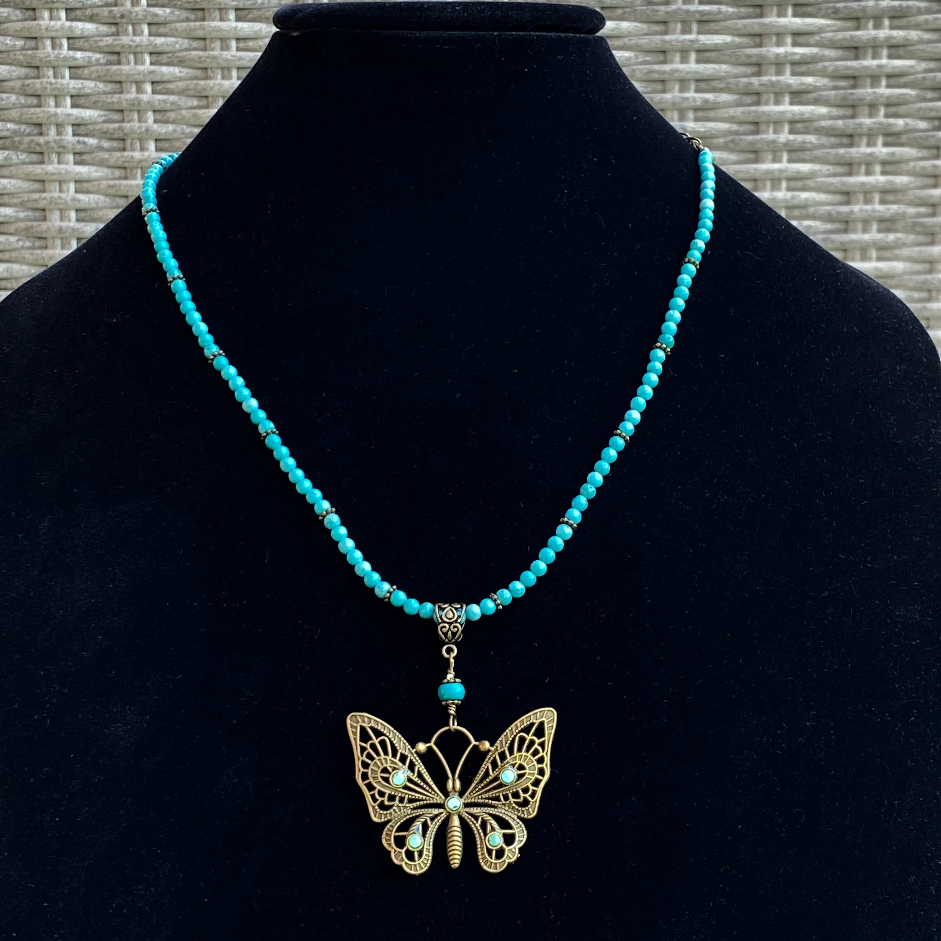 Natural Turquoise gemstone  and Brass Butterfly pendant beaded necklace