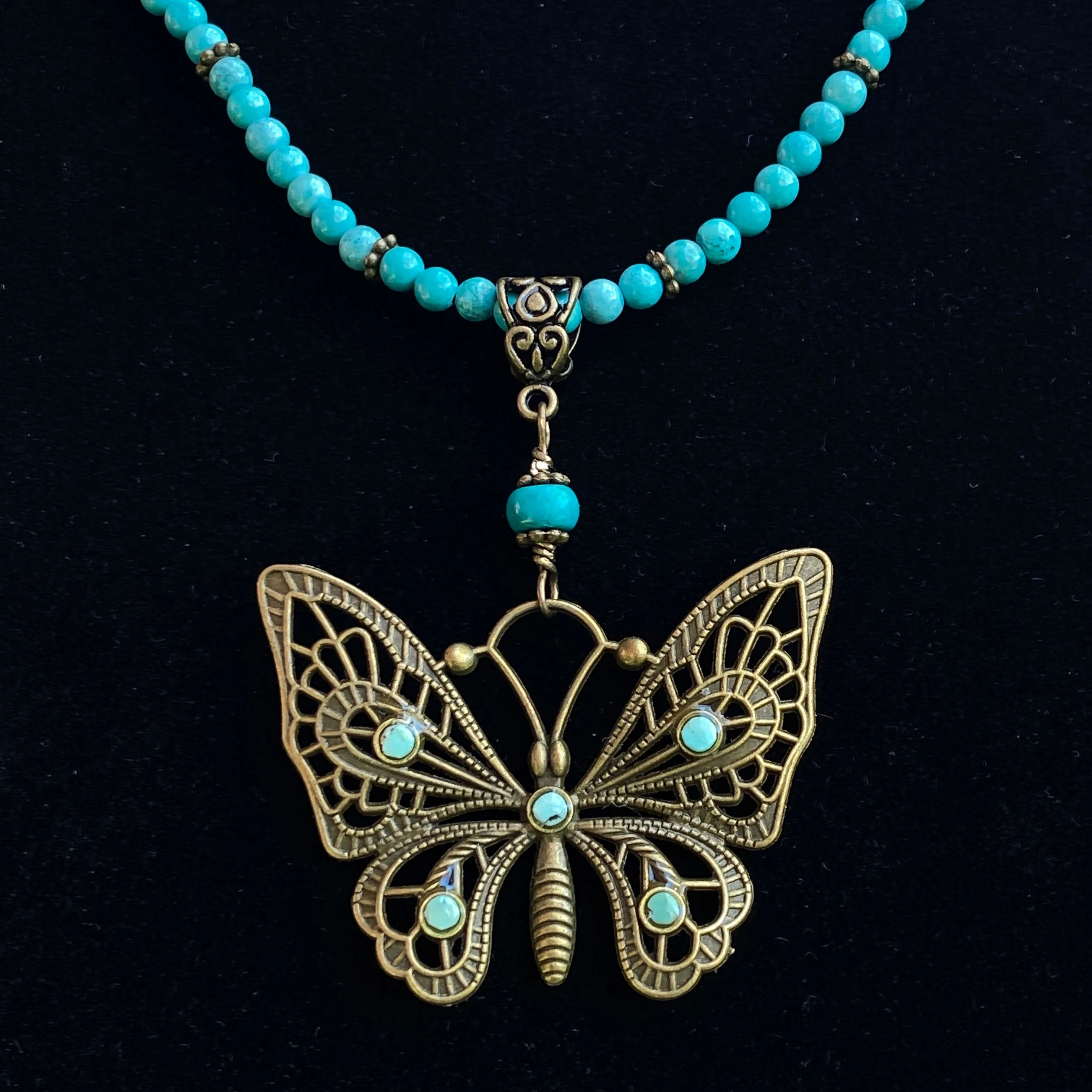 Natural Turquoise gemstone  and Brass Butterfly pendant beaded necklace