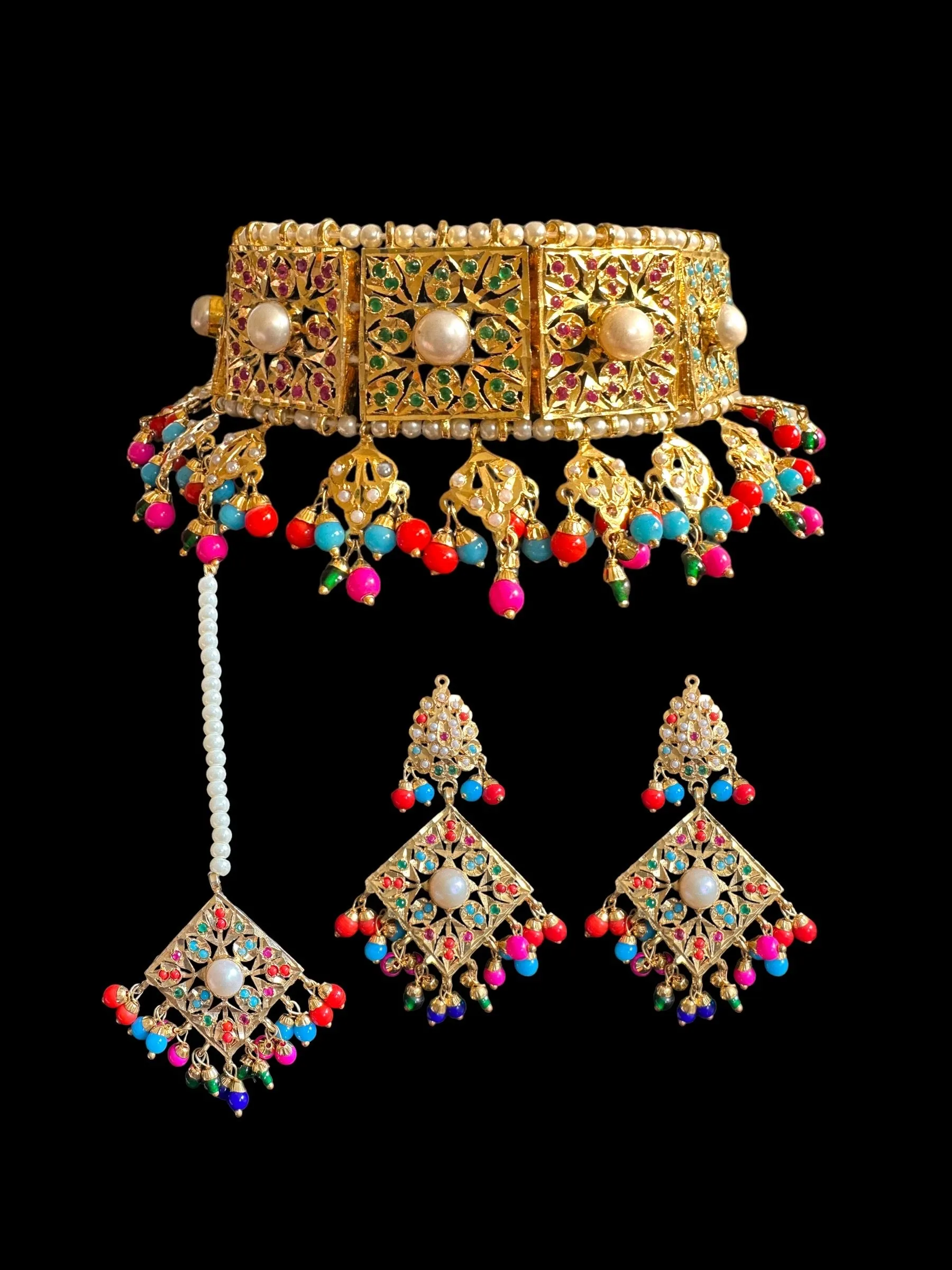 Navratan choker with earrings and Tika ( READY TO SHIP )