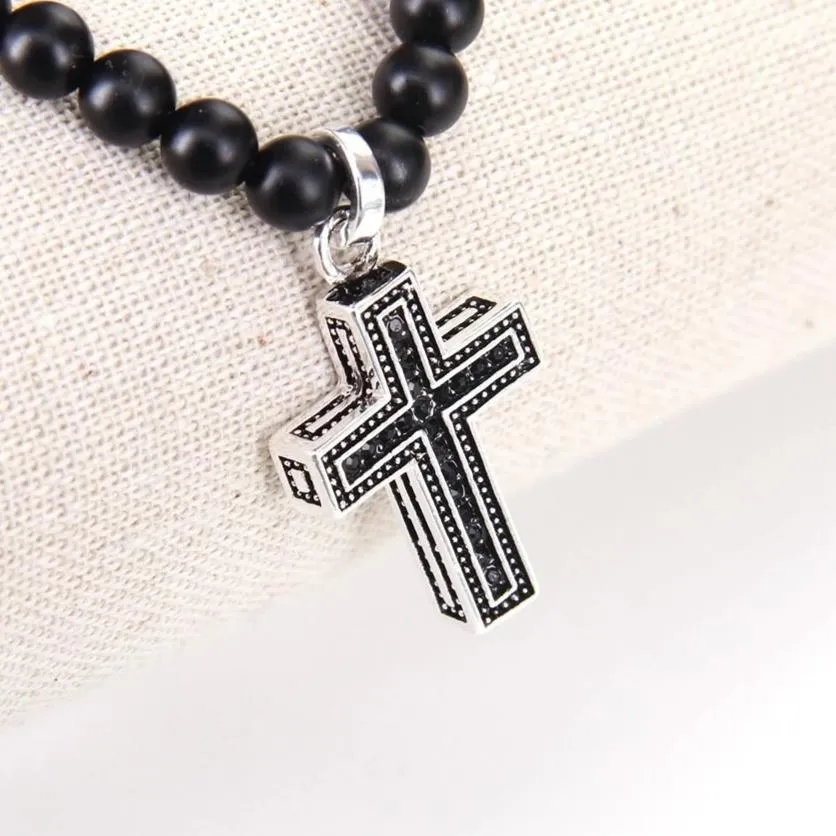 Obsidian Bead Necklace with Black Crystal Silver Cross Pendant