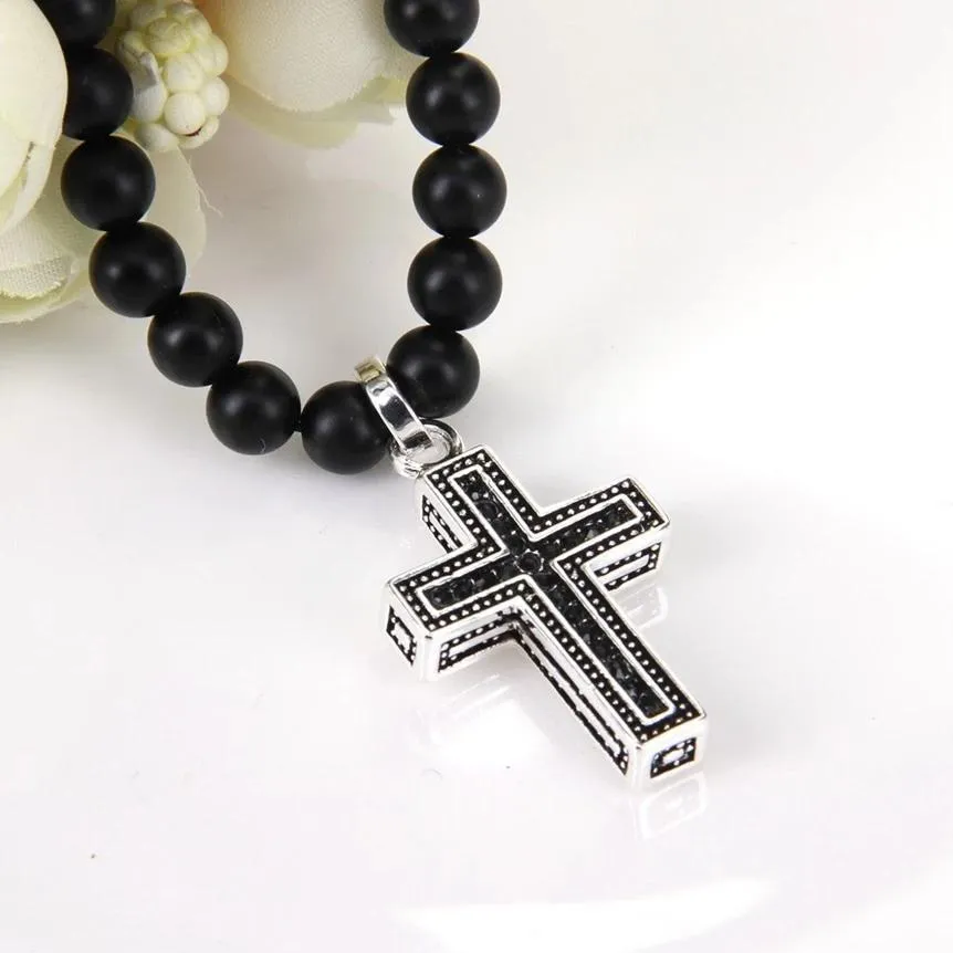 Obsidian Bead Necklace with Black Crystal Silver Cross Pendant