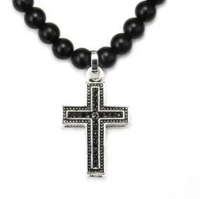 Obsidian Bead Necklace with Black Crystal Silver Cross Pendant