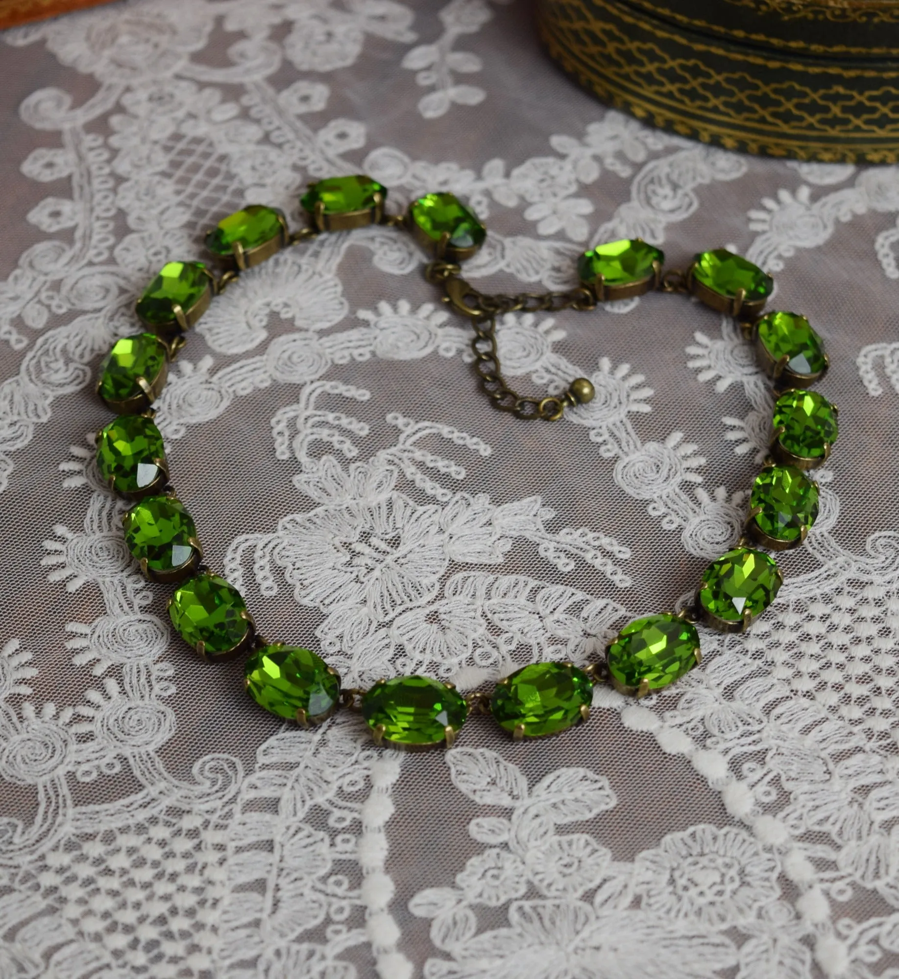 Olive Green Aurora Crystal Collet Necklace - Large Oval