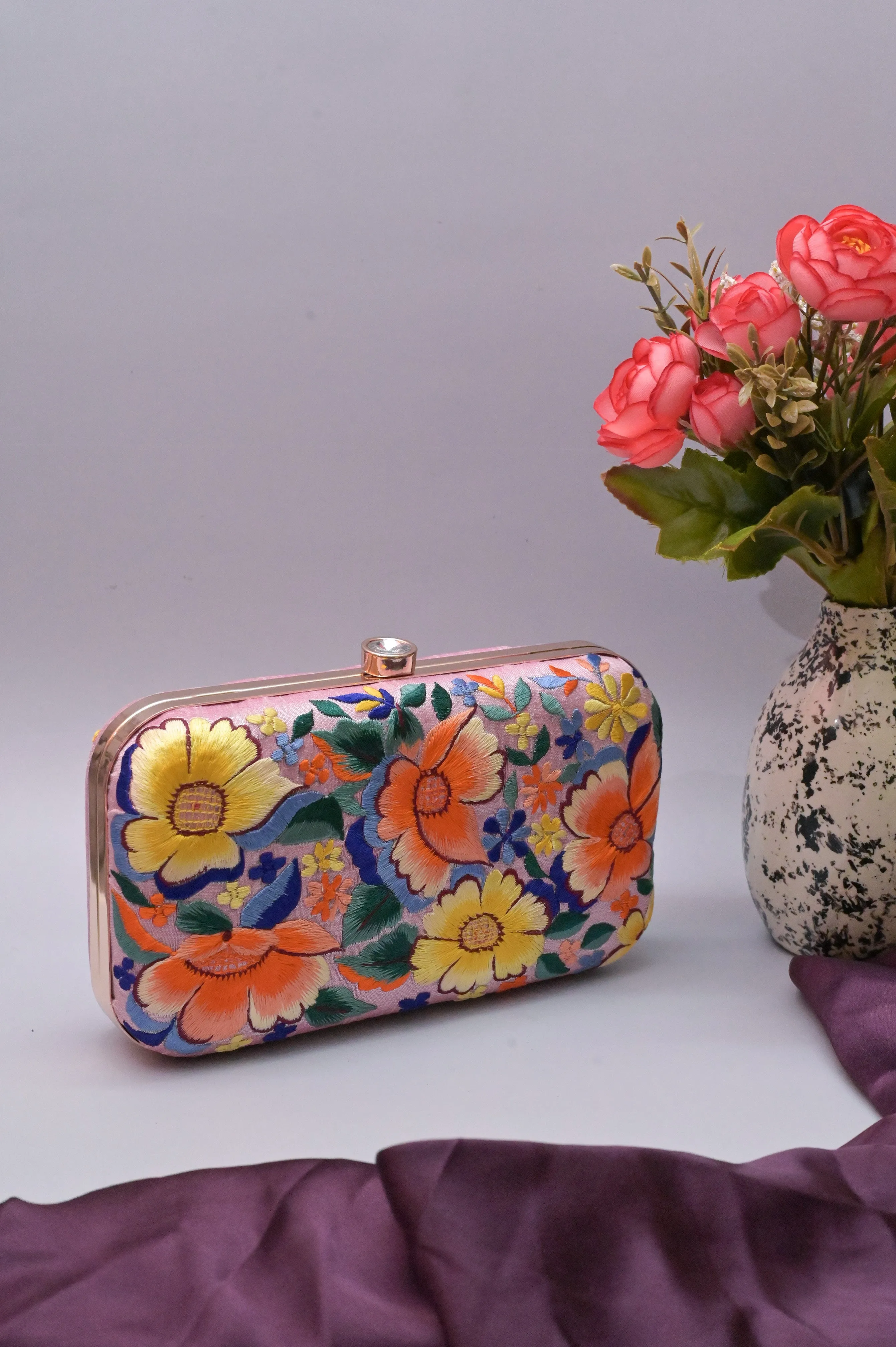 Pink Color Clutch Bag with Multi-Colored Parsi Gara Hand Embroidery Work