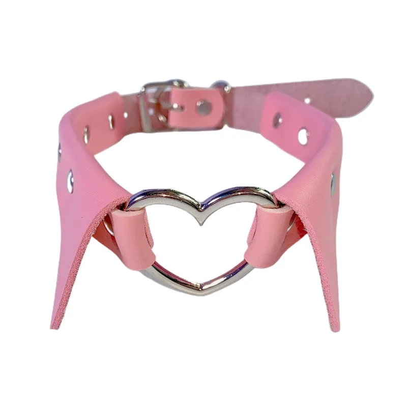 Pink Fake Collar Hollow SIiver Heart PU Choker ON789