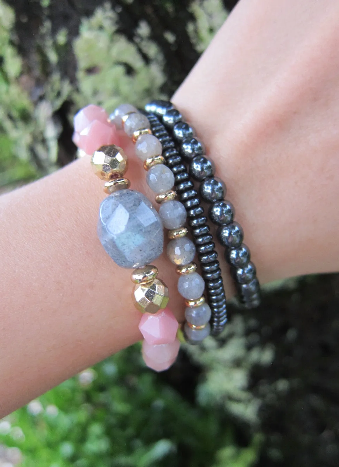 Pink Opal   Labradorite Stone Beaded Bracelet