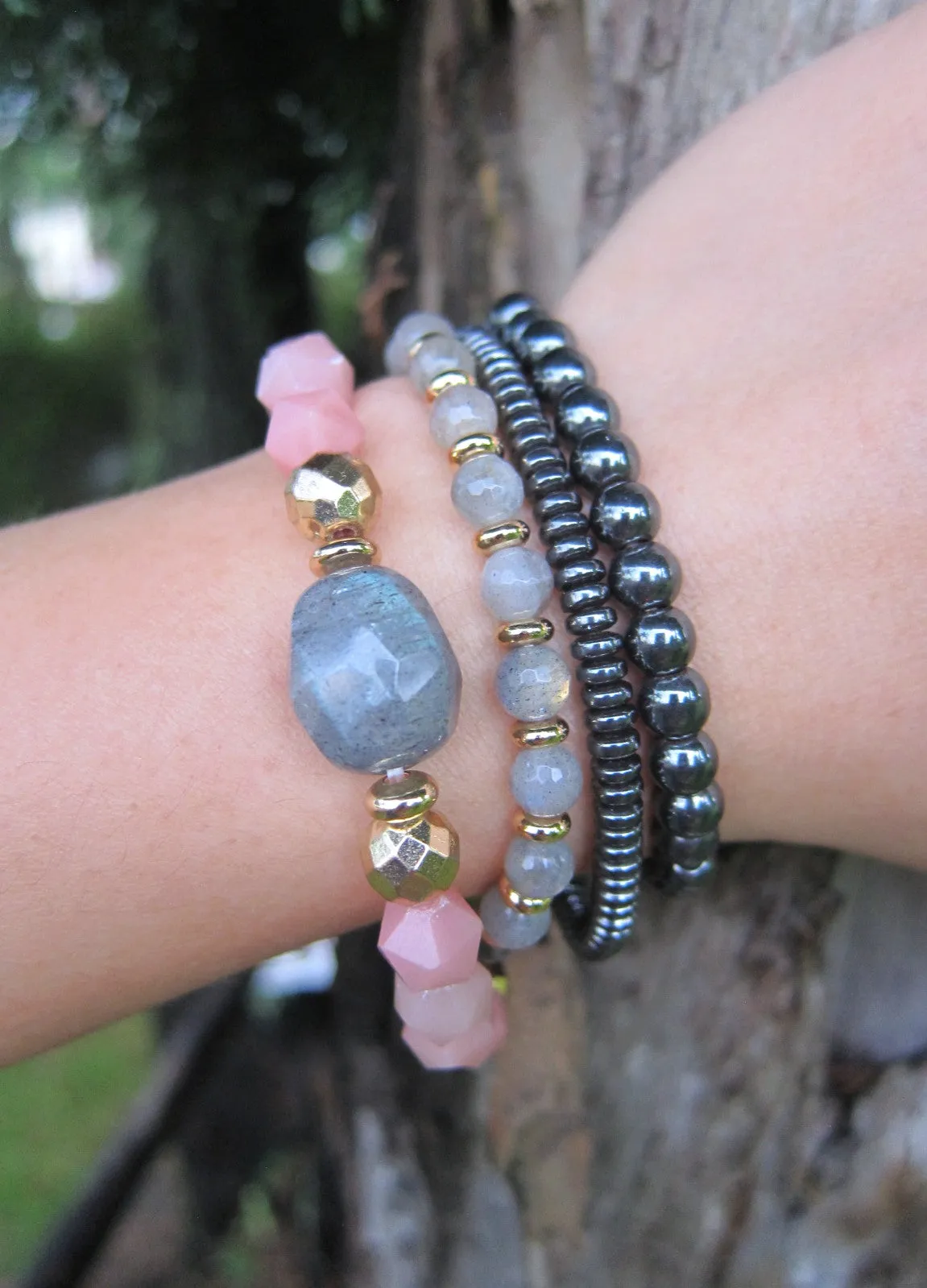 Pink Opal   Labradorite Stone Beaded Bracelet