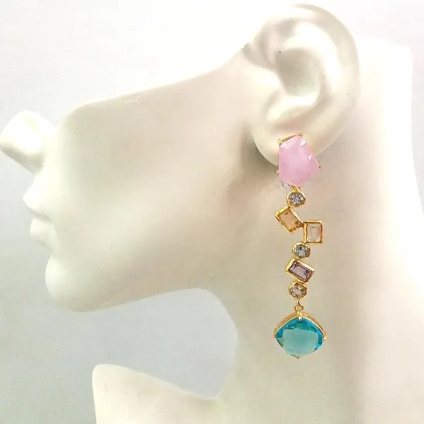 Pink Quartz Stud with Blue Topaz, Citrine, Amethyst and Blue Topaz Detachable Twinset Earrings