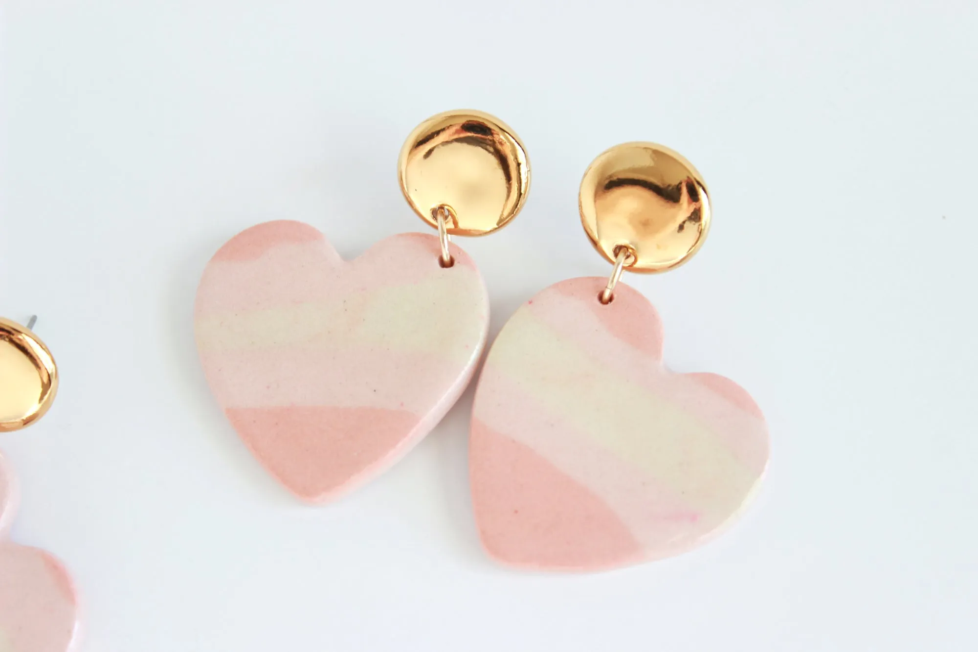 Pink Striped Sideways Heart Statement Earrings / Valentine Collection