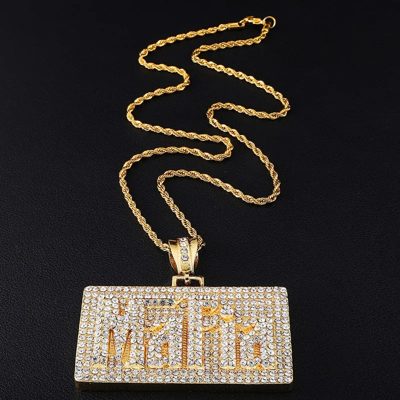 "Mafia" Square Bling Rhinestone-Studded Fashion Hip-Hop Pendant Necklace