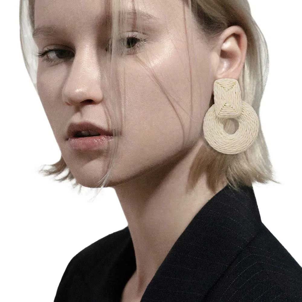 Raffia Rectangle Open Circle Link Earrings