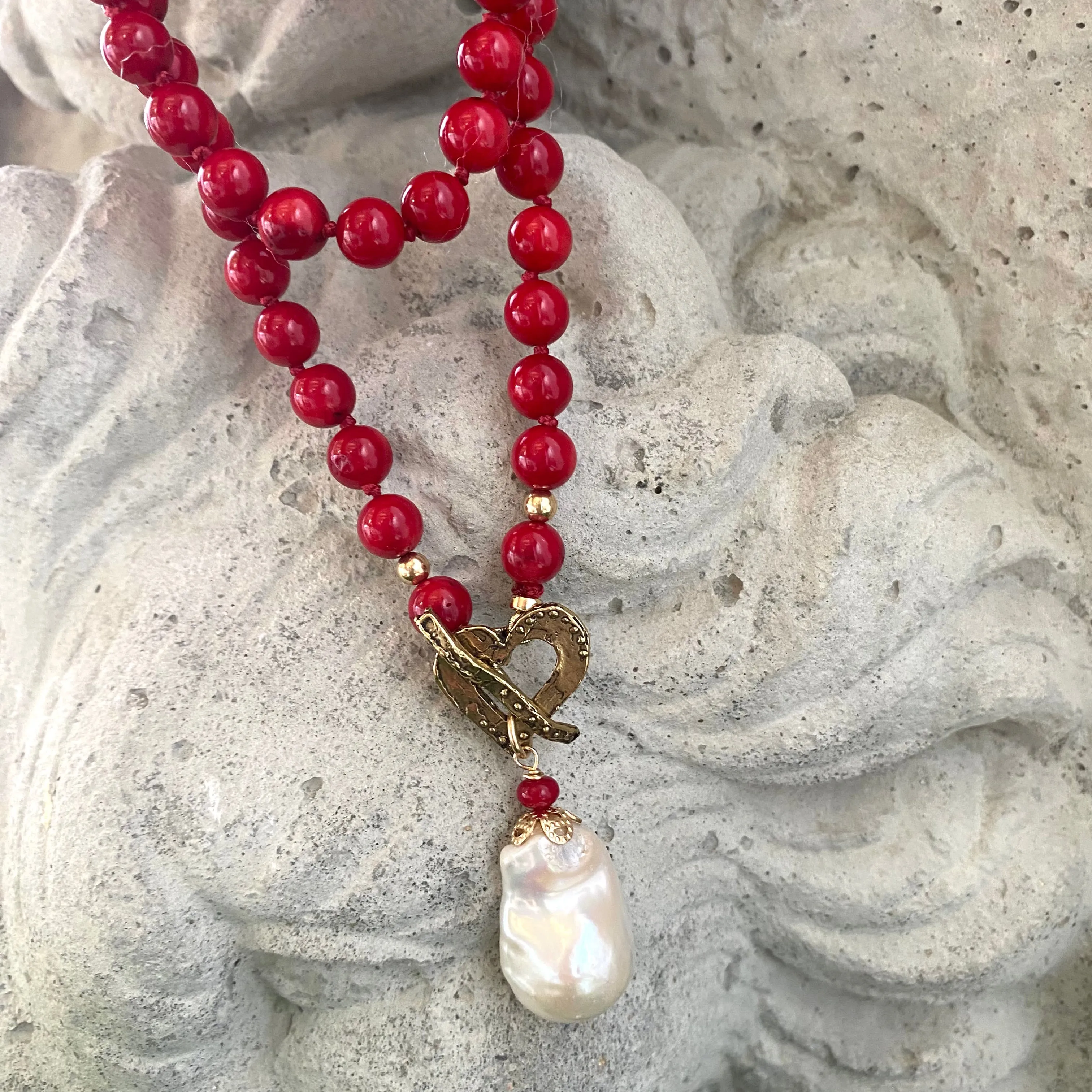 Red Bamboo Coral & White Baroque Pearl Necklace, Gold Filled & Gold Bronze, 18.5in