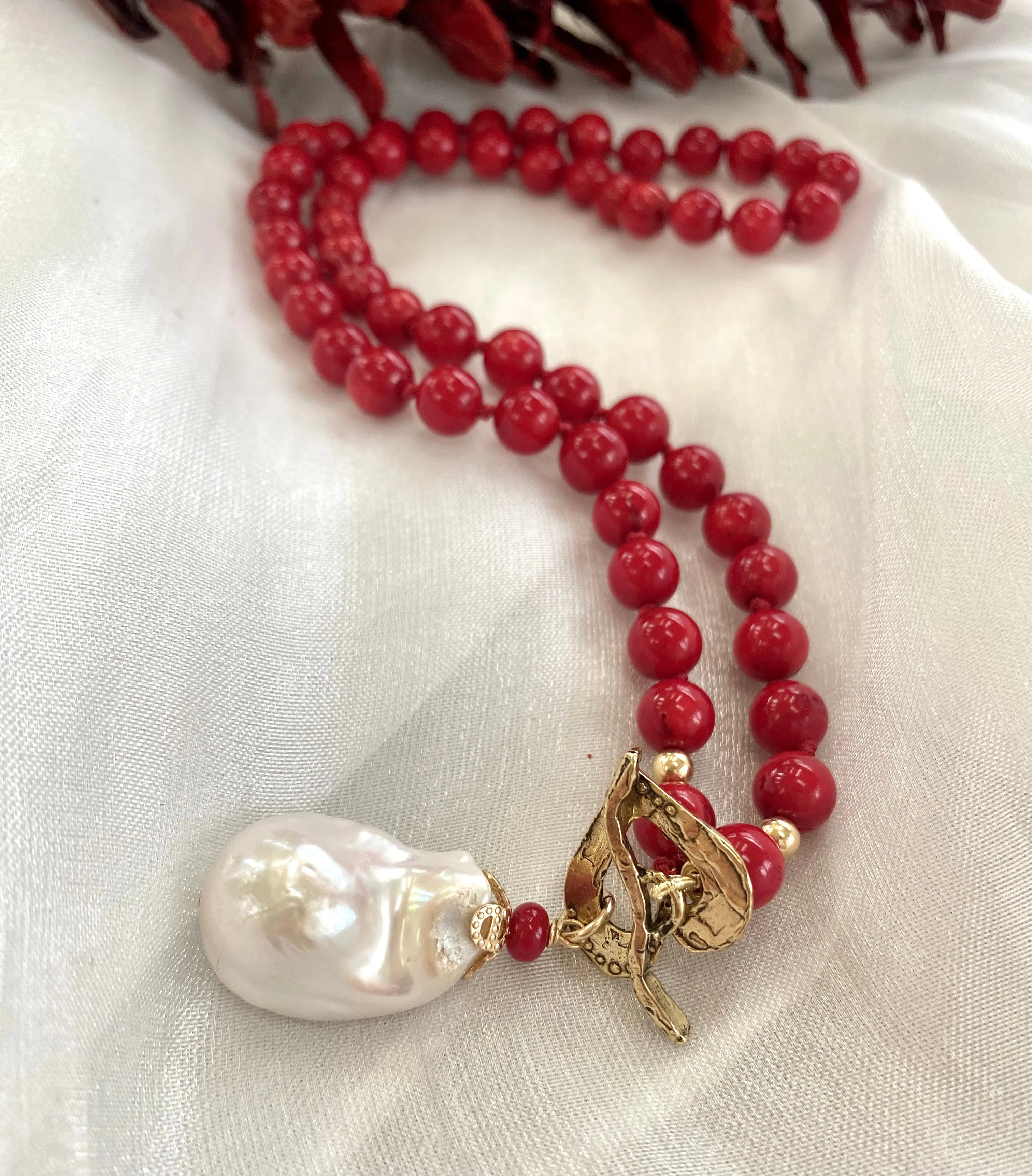 Red Bamboo Coral & White Baroque Pearl Necklace, Gold Filled & Gold Bronze, 18.5in