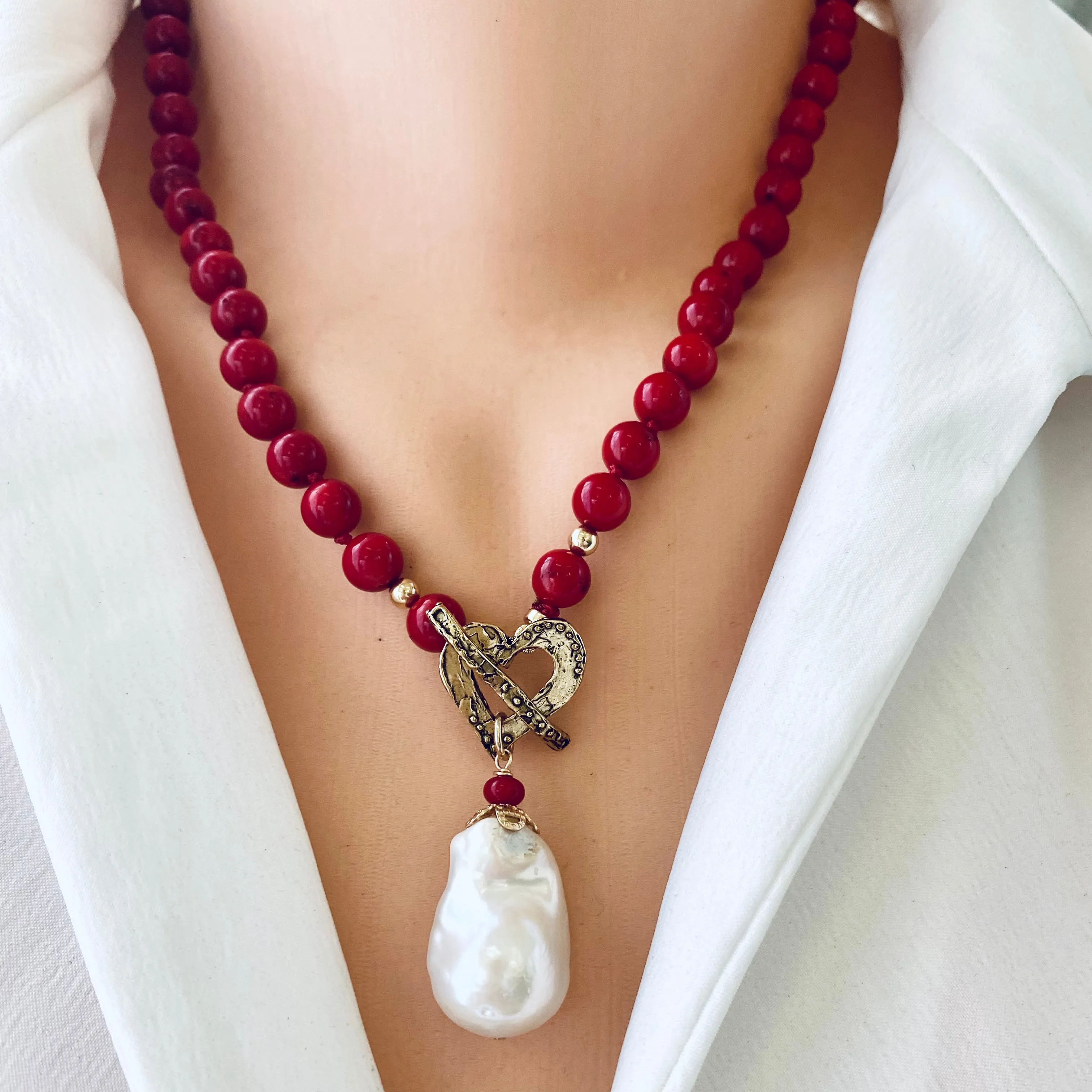 Red Bamboo Coral & White Baroque Pearl Necklace, Gold Filled & Gold Bronze, 18.5in