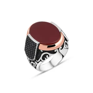 Red Ellipse Agate Stone Silver Men's Ring Siding Zircons in Epaulet Shape