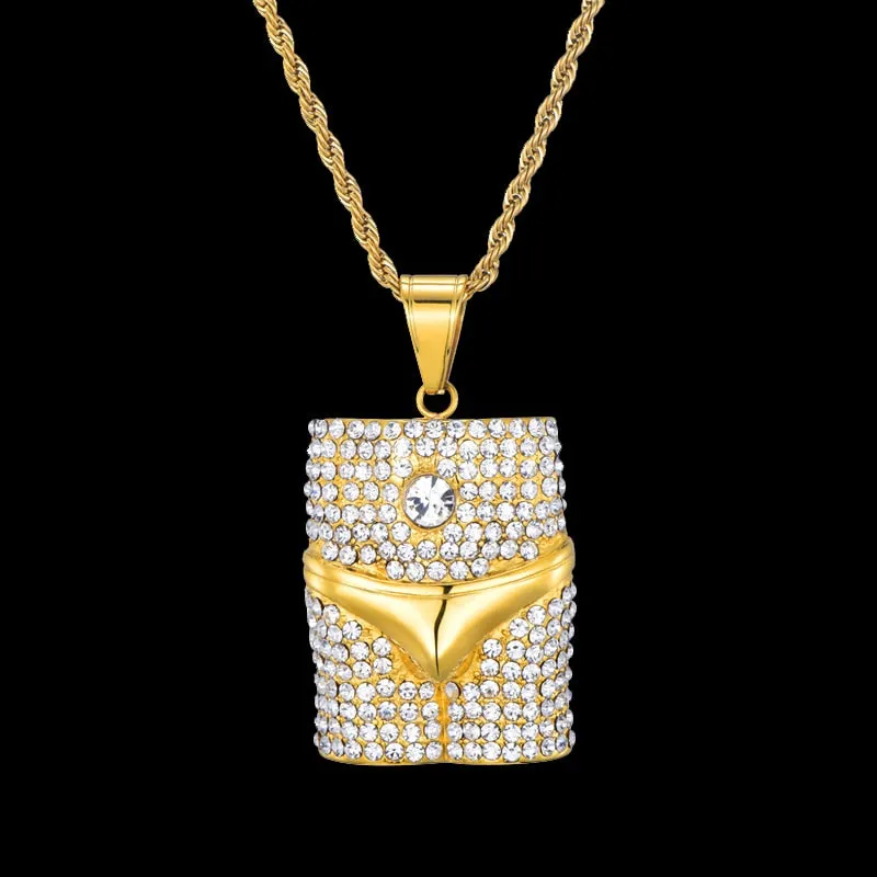 Rhinestone-Studded Underwear Bling 316L Stainless Steel Hip-hop Pendant Necklace