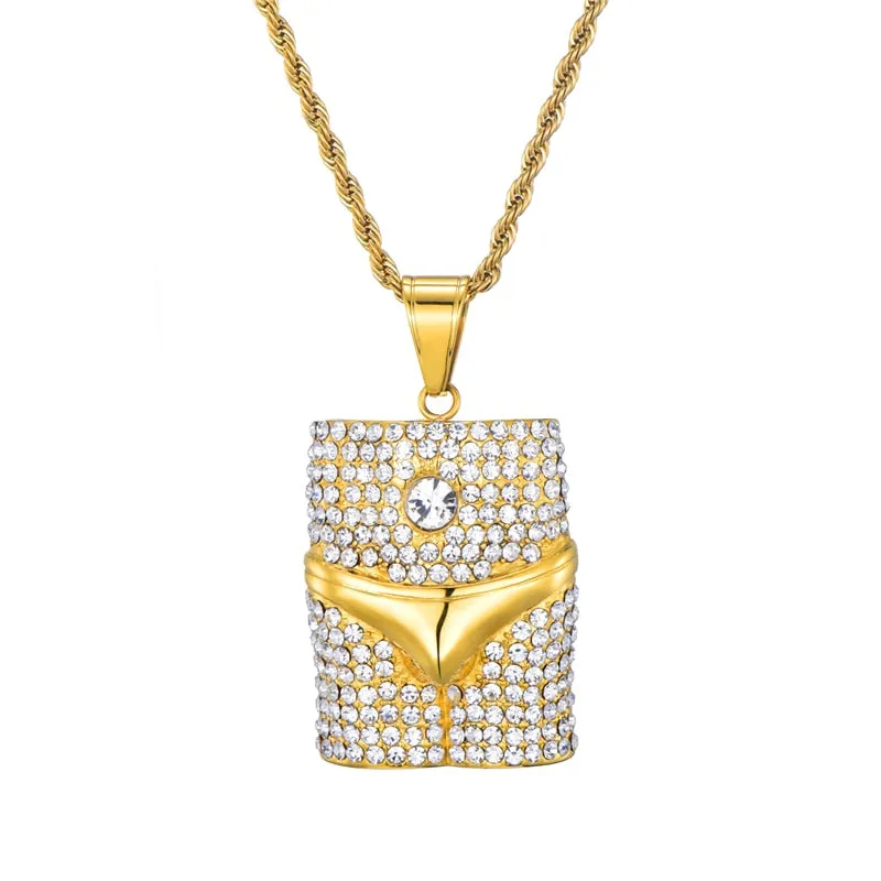 Rhinestone-Studded Underwear Bling 316L Stainless Steel Hip-hop Pendant Necklace