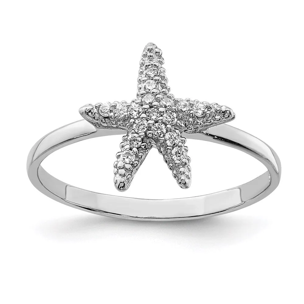 Rhodium-Plated Polished CZ Starfish Ring in Sterling Silver