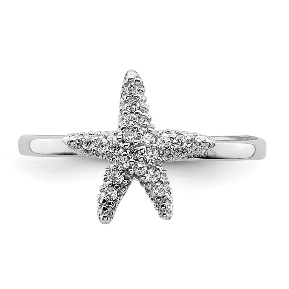 Rhodium-Plated Polished CZ Starfish Ring in Sterling Silver