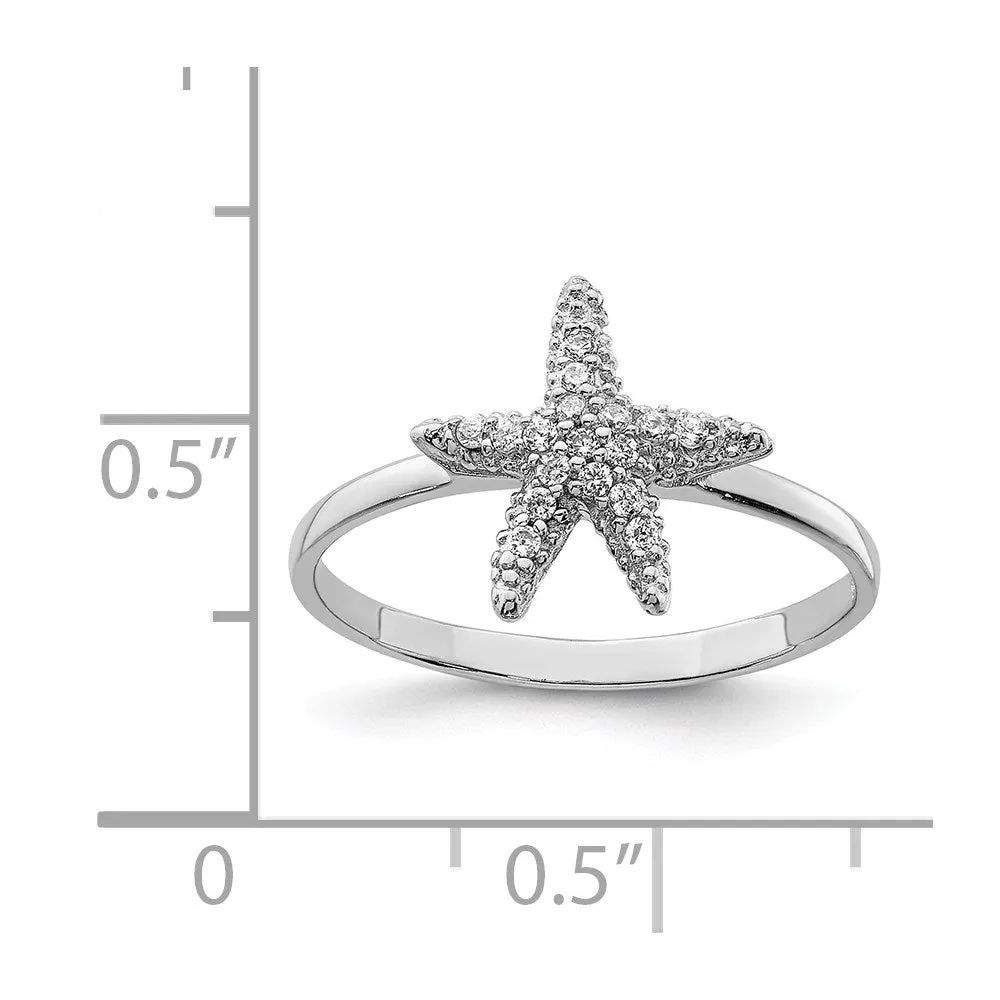 Rhodium-Plated Polished CZ Starfish Ring in Sterling Silver