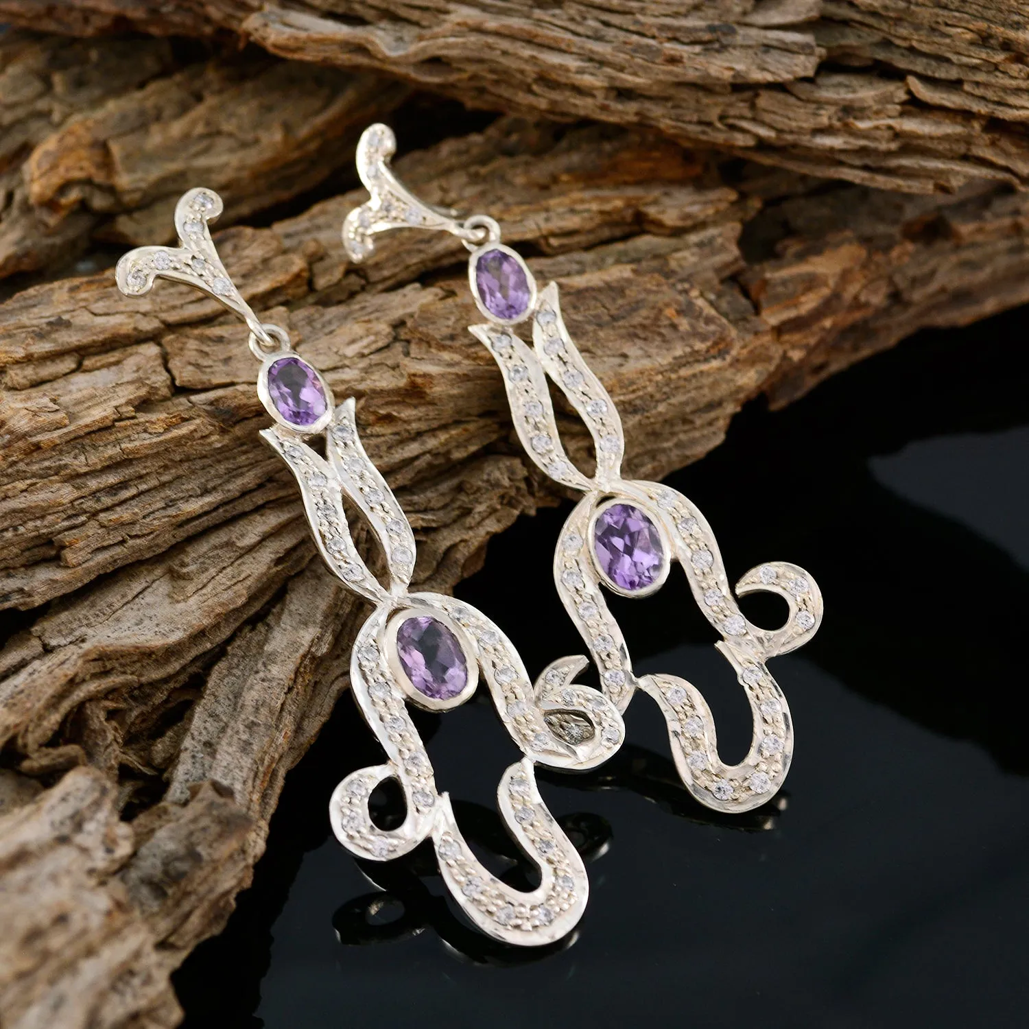 Riyo Genuine Gems multi shape Faceted Purple Amethyst Silver Earrings b' day gift