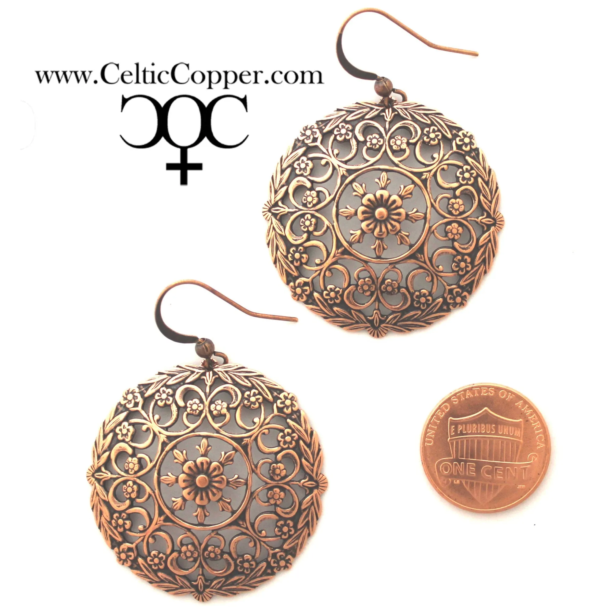 Round Copper Mandala Earrings Large 35mm Open Florentine Style Solid Copper Drop Earrings